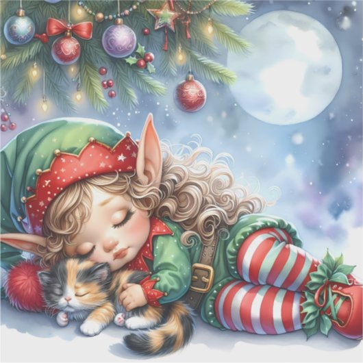 Sleeping Christmas Elf met Calico Kitten Sticker (Voorkant)