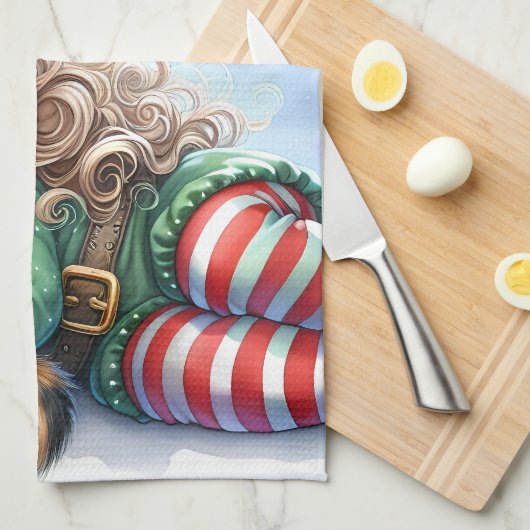 Sleeping Christmas Elf met Calico Kitten Theedoek (Quarter Fold)