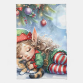 Sleeping Christmas Elf met Calico Kitten Theedoek (Verticaal)