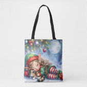 Sleeping Christmas Elf met Calico Kitten Tote Bag (Voorkant)