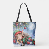 Sleeping Christmas Elf met Calico Kitten Tote Bag (Achterkant)