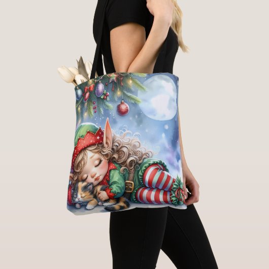 Sleeping Christmas Elf met Calico Kitten Tote Bag (Dichtbij)