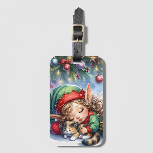 Sleeping Christmas Elf with Calico Kitten Bagagelabel (Voorkant (verticaal))
