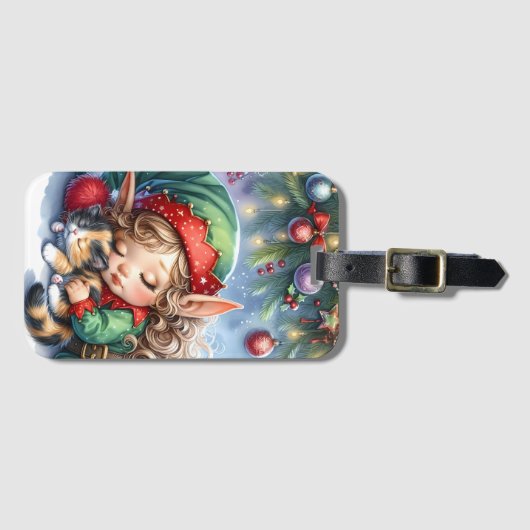 Sleeping Christmas Elf with Calico Kitten Bagagelabel (Voorkant (horizontaal))