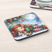 Sleeping Christmas Elf with Calico Kitten Bier Onderzetter (Linkerzijde)