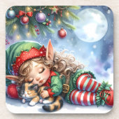 Sleeping Christmas Elf with Calico Kitten Bier Onderzetter (Voorkant)