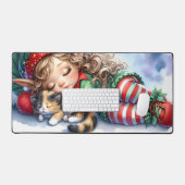 Sleeping Christmas Elf with Calico Kitten Bureaumat (Keyboard & Muis)