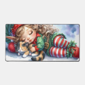 Sleeping Christmas Elf with Calico Kitten Bureaumat (Voorkant)