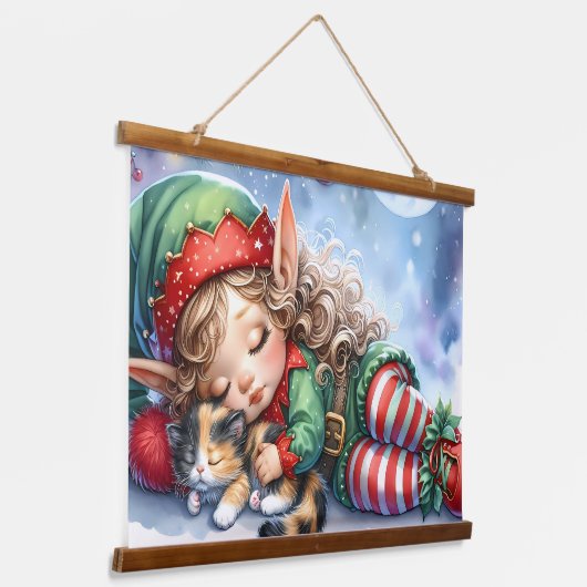 Sleeping Christmas Elf with Calico Kitten Hangend Wandkleed (Gebogen)