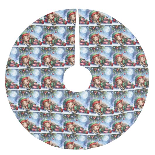 Sleeping Christmas Elf with Calico Kitten Kerstboom Rok (Voorkant)