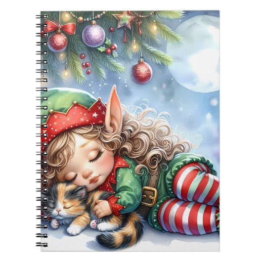 Sleeping Christmas Elf with Calico Kitten Notitieboek (Voorkant)