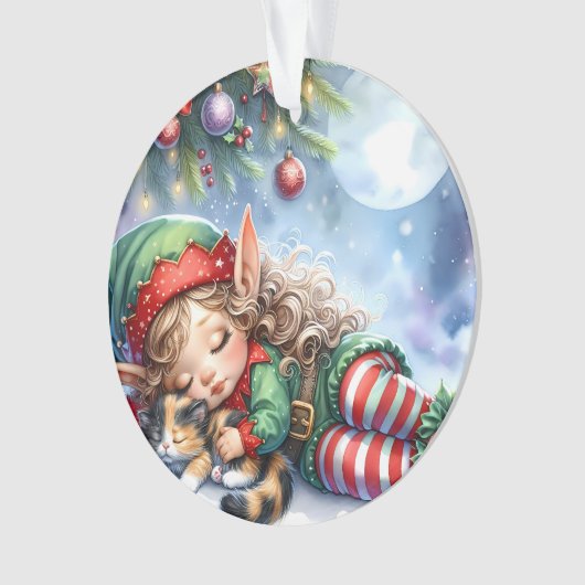 Sleeping Christmas Elf with Calico Kitten Ornament (voorkant)