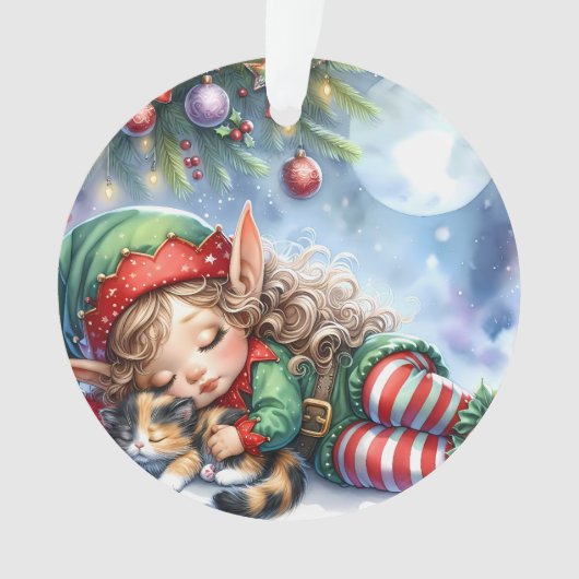 Sleeping Christmas Elf with Calico Kitten Ornament (voorkant)
