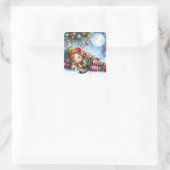 Sleeping Christmas Elf with Calico Kitten Vierkante Sticker (Tas)