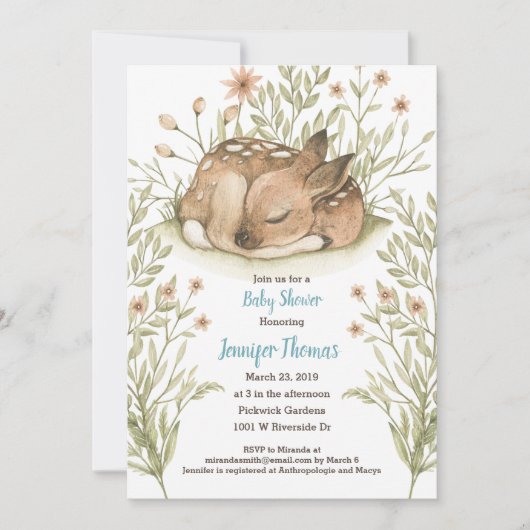 Sleeping Deer Baby shower Invitation Aankondiging (Voorkant)