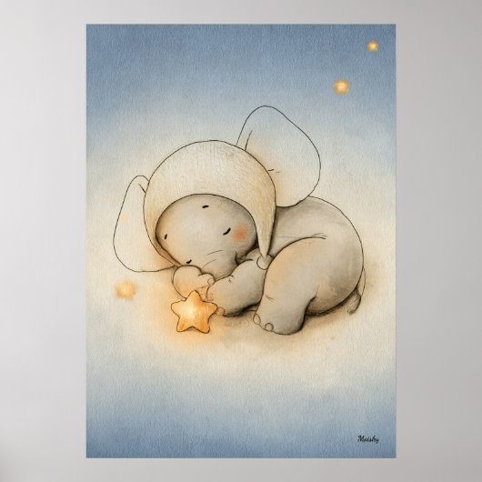 Sleeping Elephant Nursery Baby Illustration Poster (Voorkant)