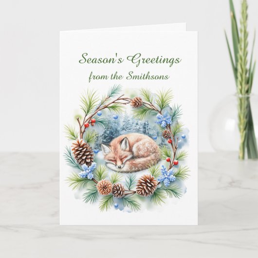 Sleeping Fox in Winter Wreath Holiday Kaart (Voorkant)
