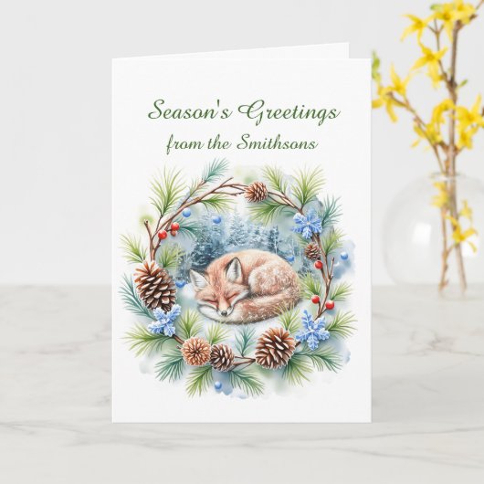Sleeping Fox in Winter Wreath Holiday Kaart (Gele Bloem)