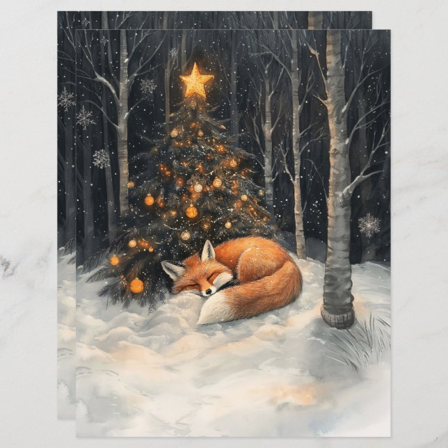 Sleeping Fox Rustic Christmas Scrapbook Papier (Voorkant / Achterkant)