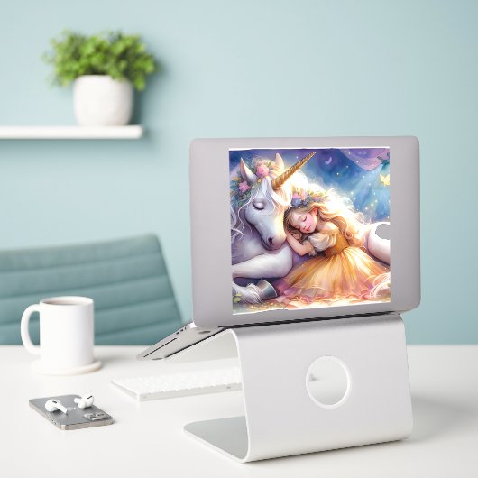 Sleeping Girl Unicorn Dreamscape Sticker (Laptop op bureau)