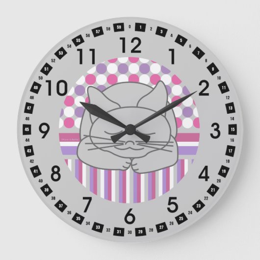 Sleeping Gray Cat Patterned Oval Large Clock Grote Klok (Voorkant)