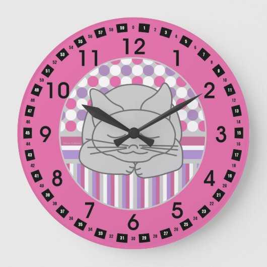 Sleeping Gray Cat Patterned Oval Large Clock Grote Klok (Voorkant)