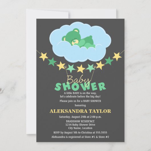 Sleeping Green Teddy Bear in Cloud Baby shower Kaart (Voorkant)