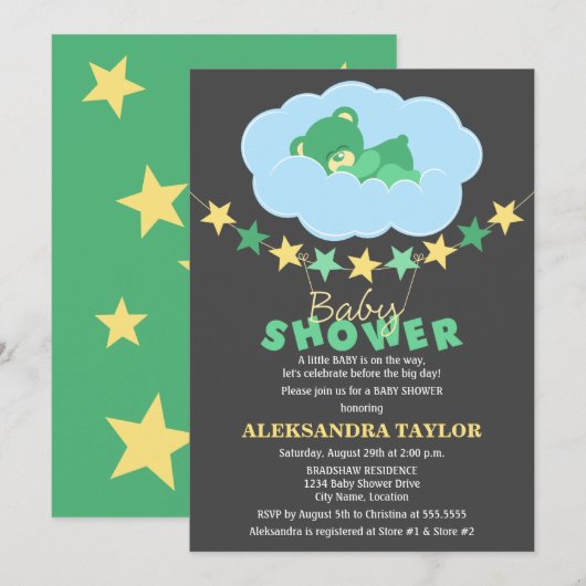 Sleeping Green Teddy Bear in Cloud Baby shower Kaart (Voorkant / Achterkant)