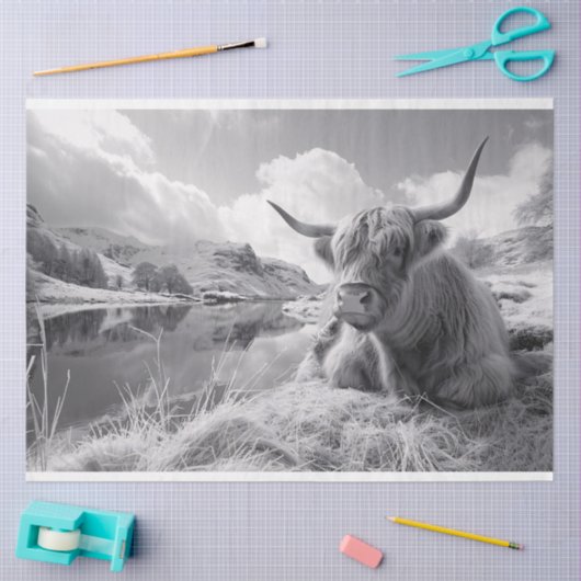 Sleeping Highland Koe zwart-wit decoupage Tissuepapier (Craft)