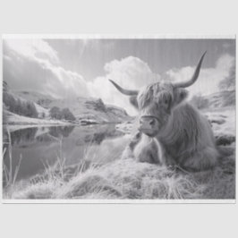Sleeping Highland Koe zwart-wit decoupage Tissuepapier