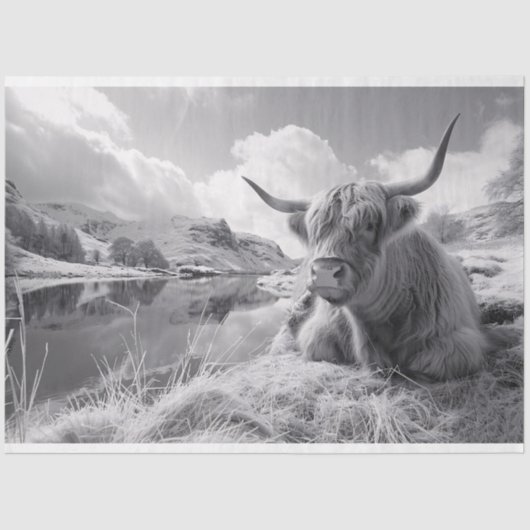 Sleeping Highland Koe zwart-wit decoupage Tissuepapier (Voorkant)