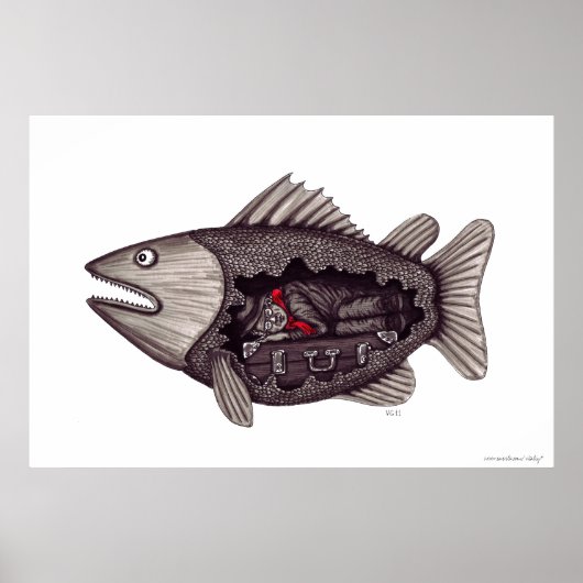 Sleeping in the fish surreal black and white art poster (Voorkant)