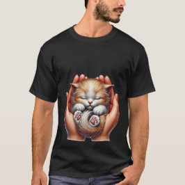 Sleeping Kitten Cradled in Hands Tiny Fluffy Cat  T-shirt