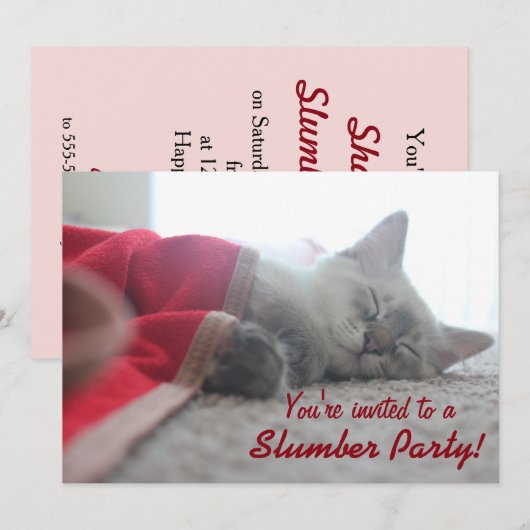 Sleeping Kitten Slumber Party Sleepover Invitation Kaart (Voorkant / Achterkant)