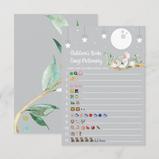 Sleeping Koala Baby shower Game Emoji Pictionary Kaart (Voorkant / Achterkant)