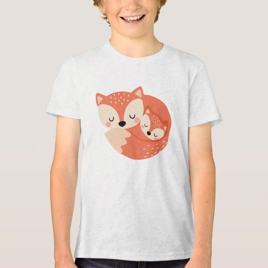 Sleeping Mama Fox with Baby Cub Illustration Tri-Blend Shirt (Voorkant)