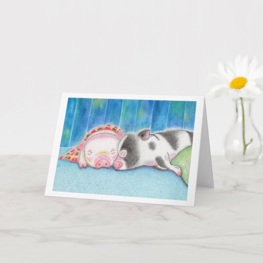 Sleeping Mini Pigs Piglets Folded Greeting Card Kaart (Kleine Plant)