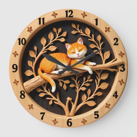 Sleeping Orange Tabby Cat Leaf Grote Klok (Voorkant)