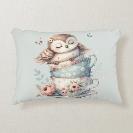 Sleeping Owl in Stacked Floral Teacups Accent Kussen (Voorkant)
