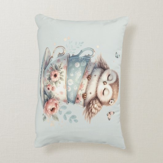 Sleeping Owl in Stacked Floral Teacups Accent Kussen (Achterkant (Verticaal))
