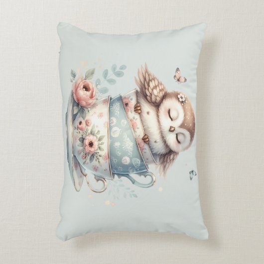 Sleeping Owl in Stacked Floral Teacups Accent Kussen (Voorkant(Verticaal))