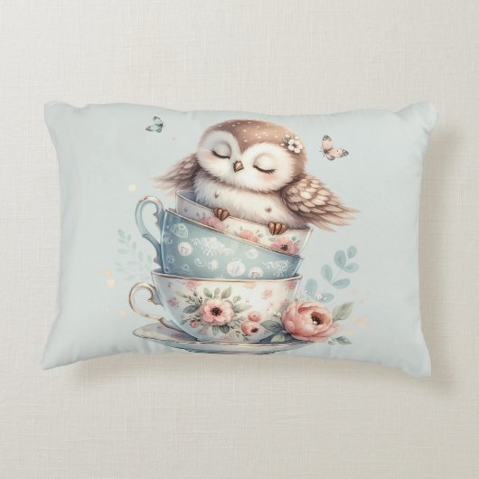 Sleeping Owl in Stacked Floral Teacups Accent Kussen (Achterkant)