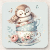 Sleeping Owl in Stacked Floral Teacups Bier Onderzetter (Voorkant)