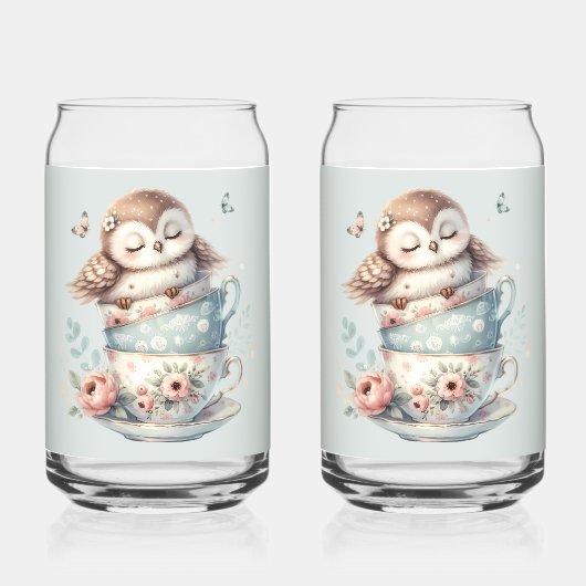 Sleeping Owl in Stacked Floral Teacups Blikvorm Glas (Achterkant)
