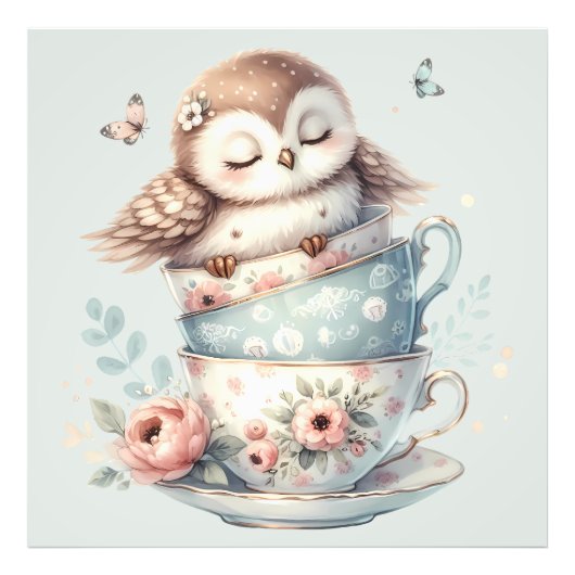 Sleeping Owl in Stacked Floral Teacups Foto Afdruk (Voorkant)