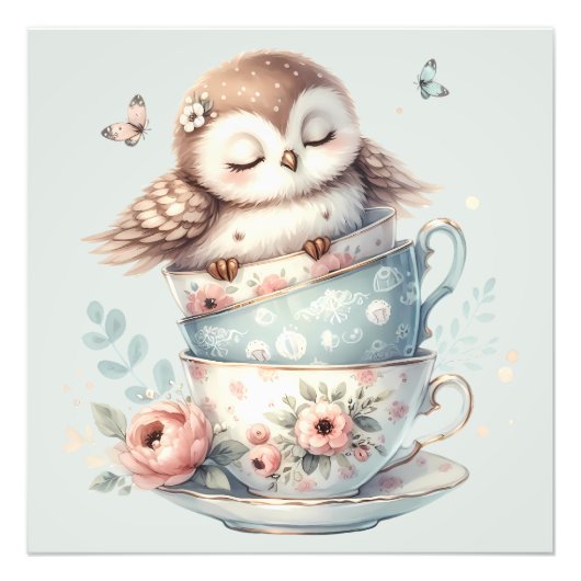 Sleeping Owl in Stacked Floral Teacups Foto Afdruk (Voorkant)