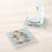 Sleeping Owl in Stacked Floral Teacups Glazen Onderzetter (Schuin)