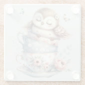 Sleeping Owl in Stacked Floral Teacups Glazen Onderzetter (Achterkant)