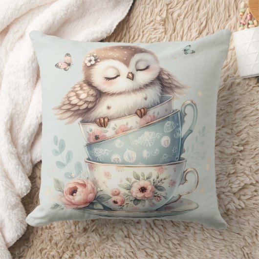 Sleeping Owl in Stacked Floral Teacups Kussen (Deken)