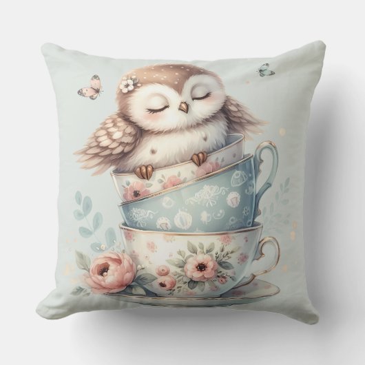 Sleeping Owl in Stacked Floral Teacups Kussen (Voorkant)